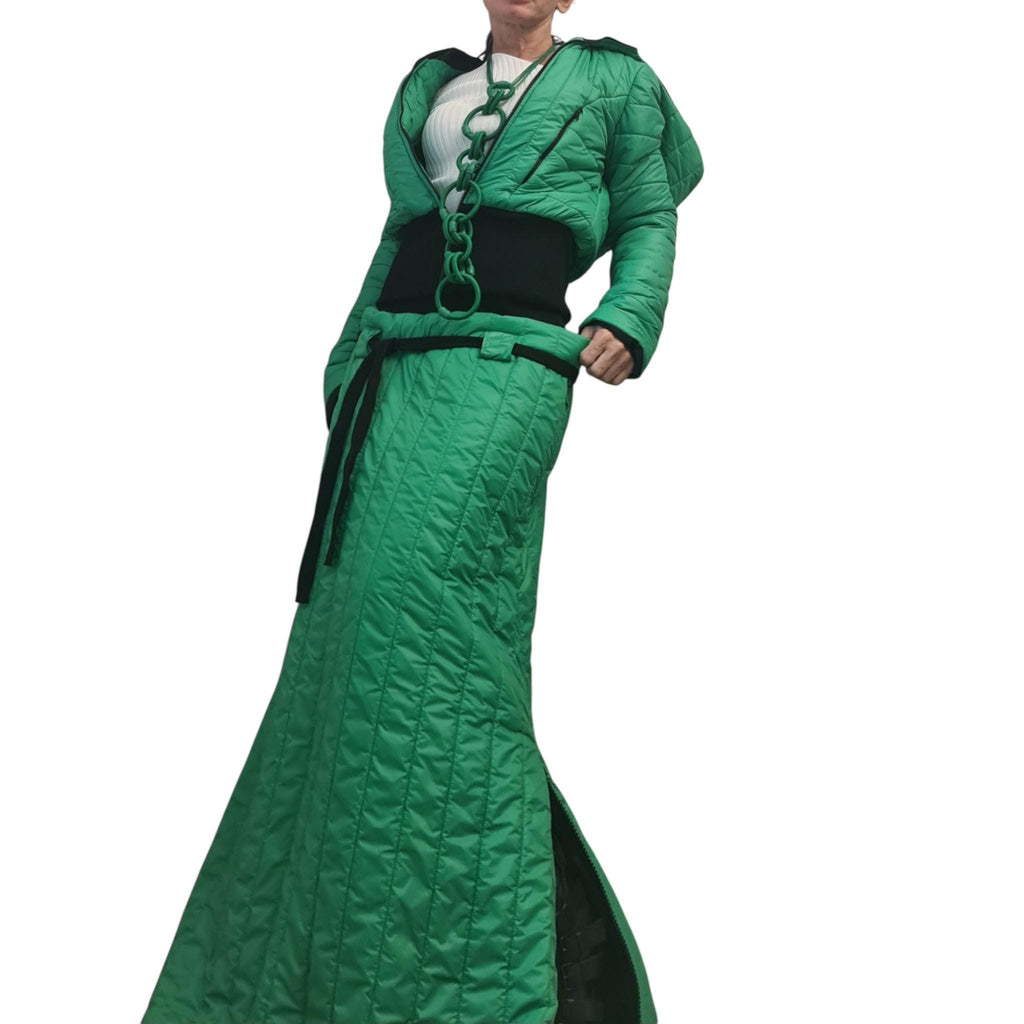 Green Quilted High-Waist Maxi Skirt, Cropped Hooded Puffer Jacket, Side Slit, Two-Piece Co-Ord Set