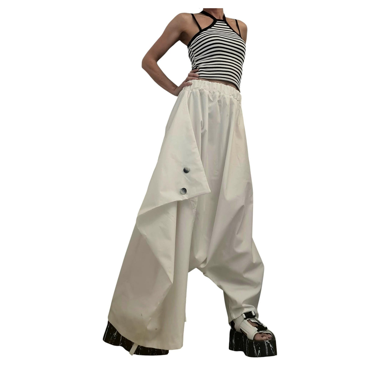 Women’s White Cotton Co-Ord Set, Asymmetrical Summer Top, Loose Harem Pants