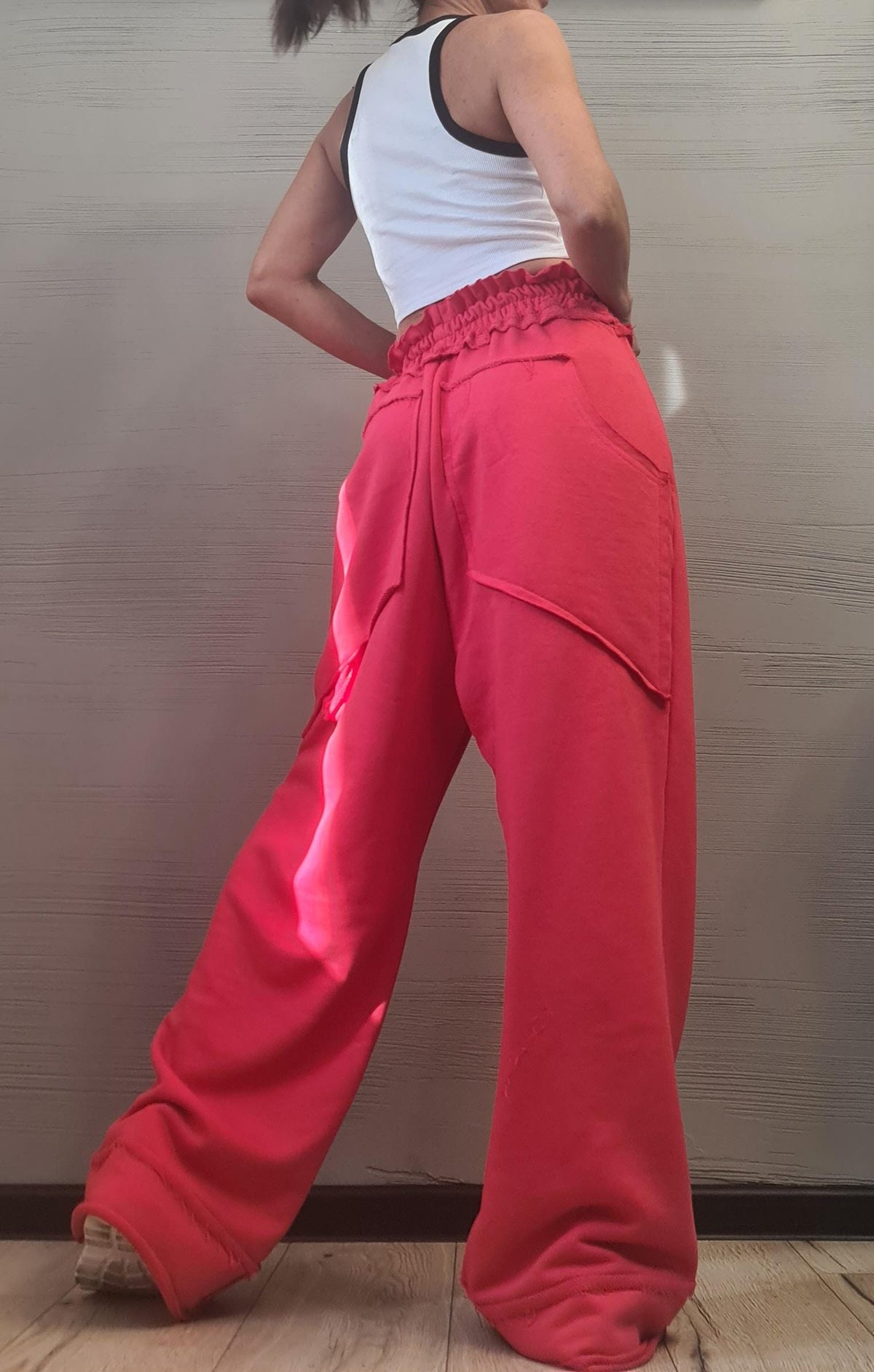 French Terry Wide Leg Pants, Elastic Waist, Asymmetric Back Pockets