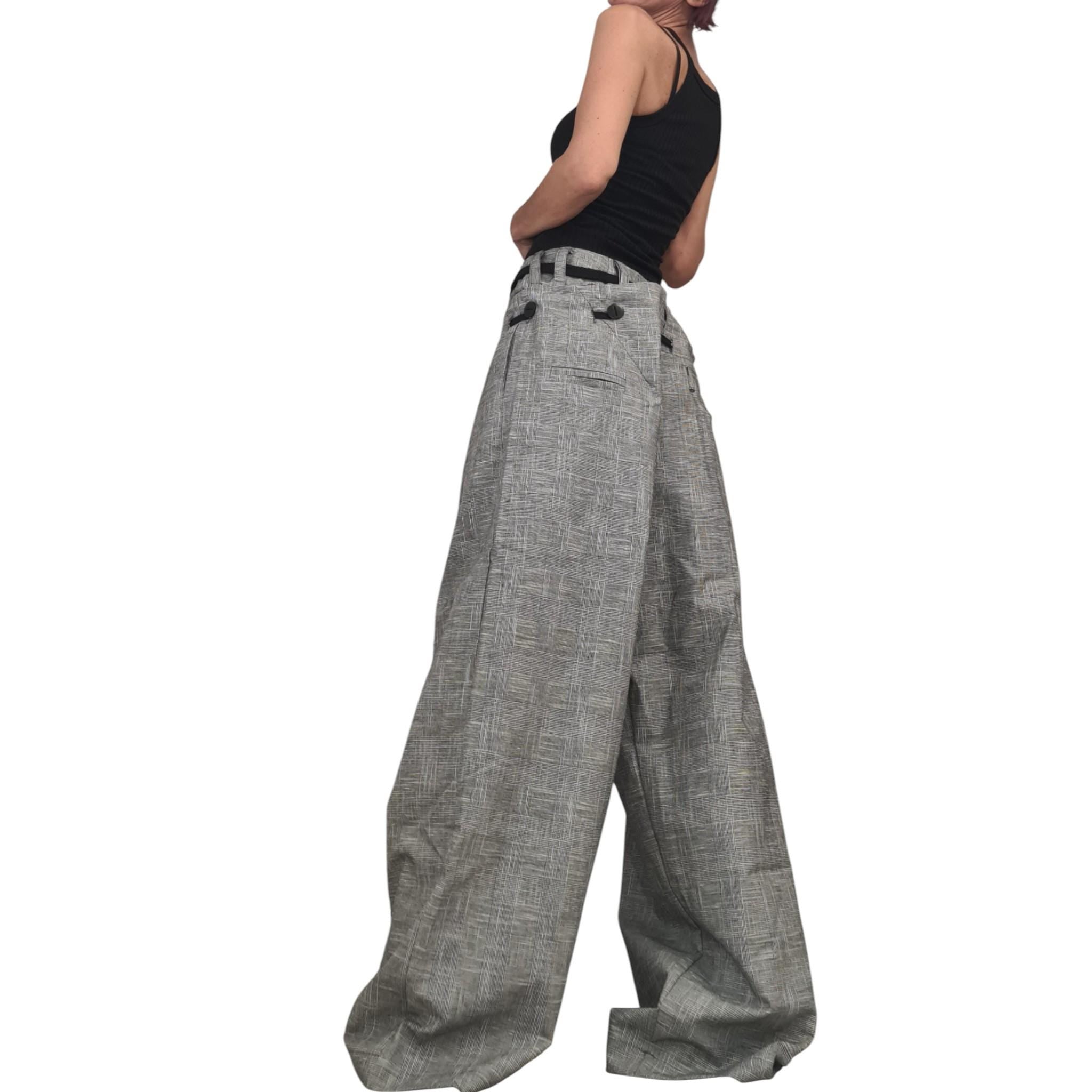 Grey Convertible Linen Pants for Women, 2 in 1 Avant Garde Wide Leg Trousers