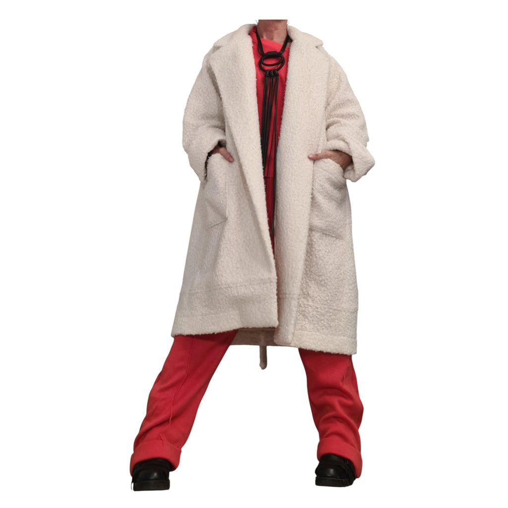 Beige Wool Boucle Oversized Coat, Unlined Long Jacket, Tie Belt and Large Back Pockets