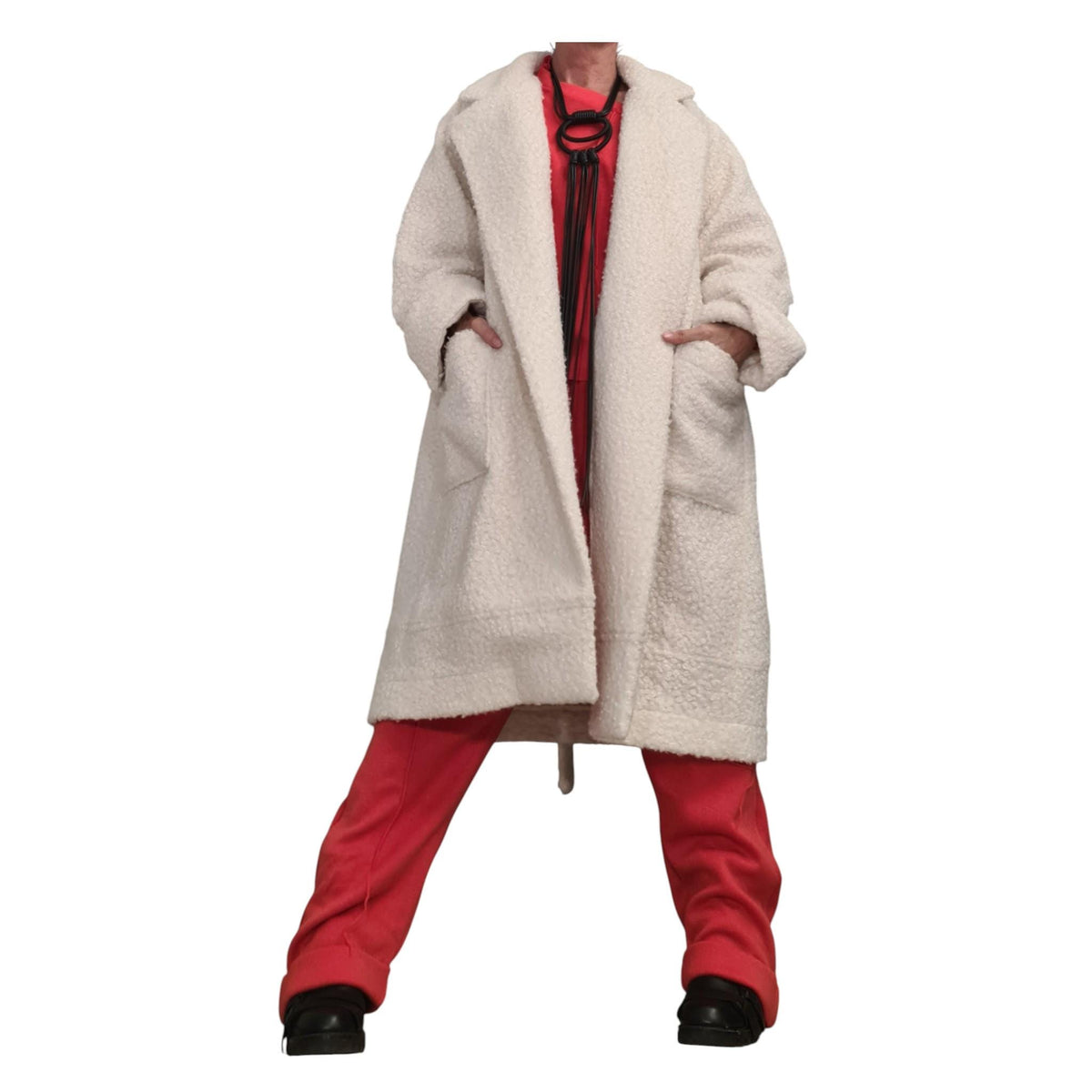Beige Wool Boucle Oversized Coat, Unlined Long Jacket, Tie Belt and Large Back Pockets