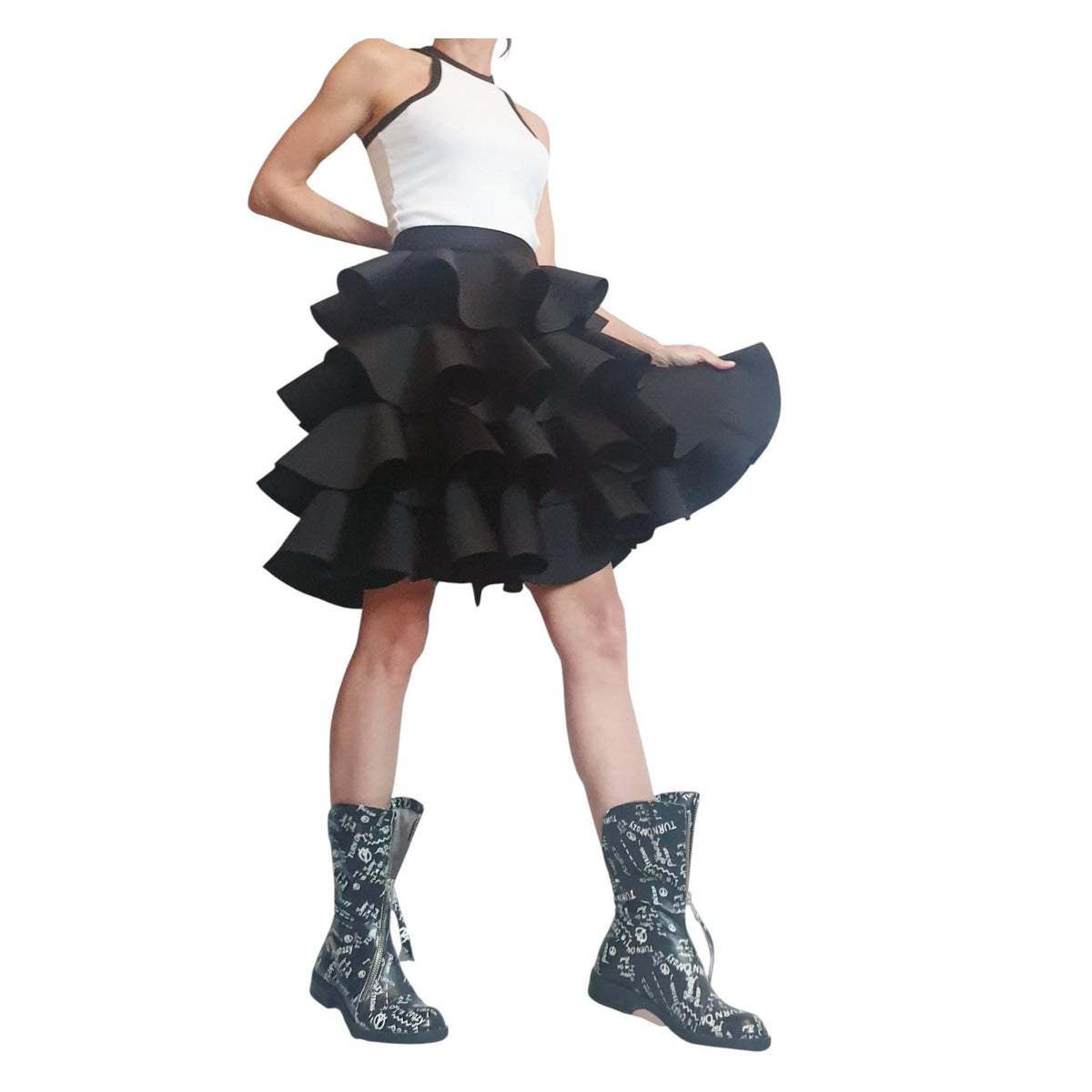 Black Asymmetric Ruffle Skirt, Extravagant Gothic Ball Waist Skirt