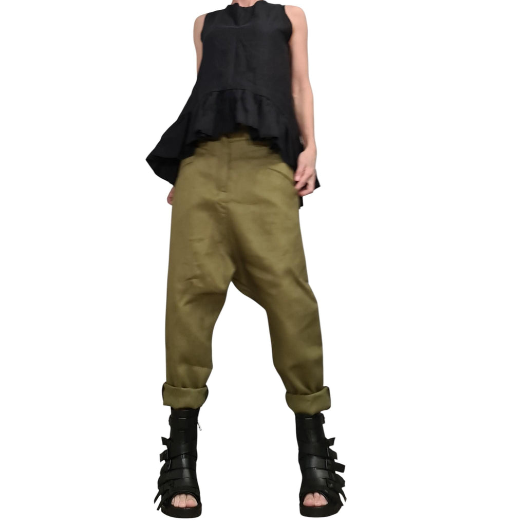 Military Green Linen Harem Pants for Women, Wide Drop Crotch Trousers, Loose Summer Pants
