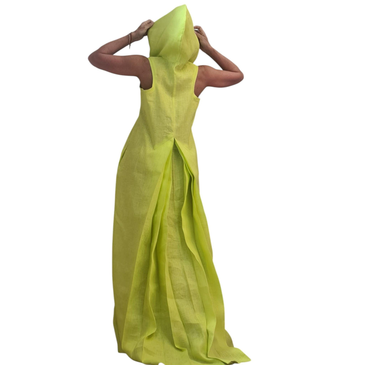Lime Linen Hooded Maxi Dress with Pockets: Relaxed Summer Maxi, Boho Style