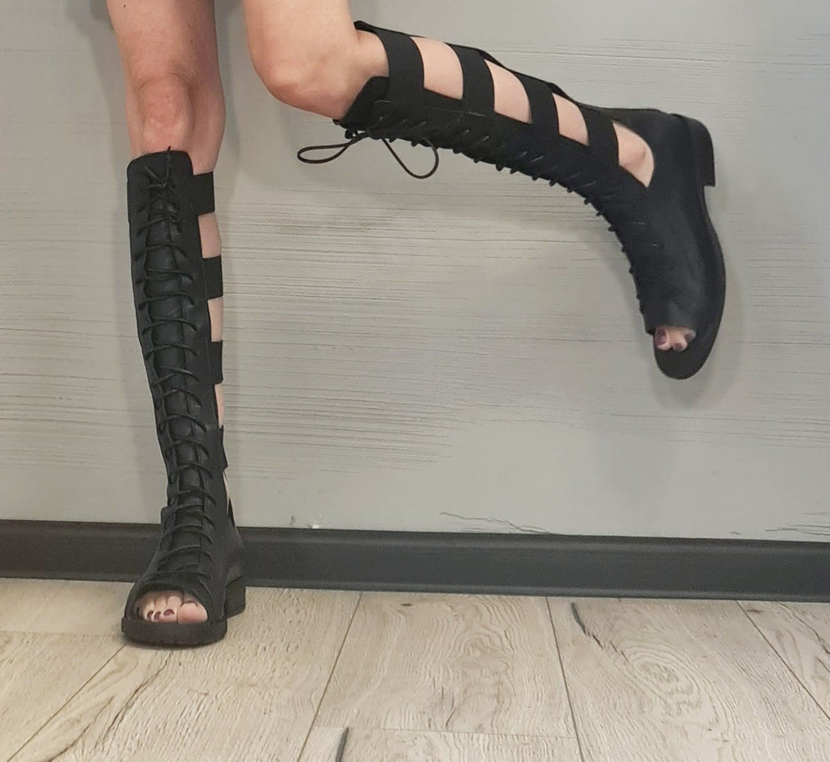 Greek Gladiator Sandals, Knee High Flat Shoes, Open Toe Strappy Boots