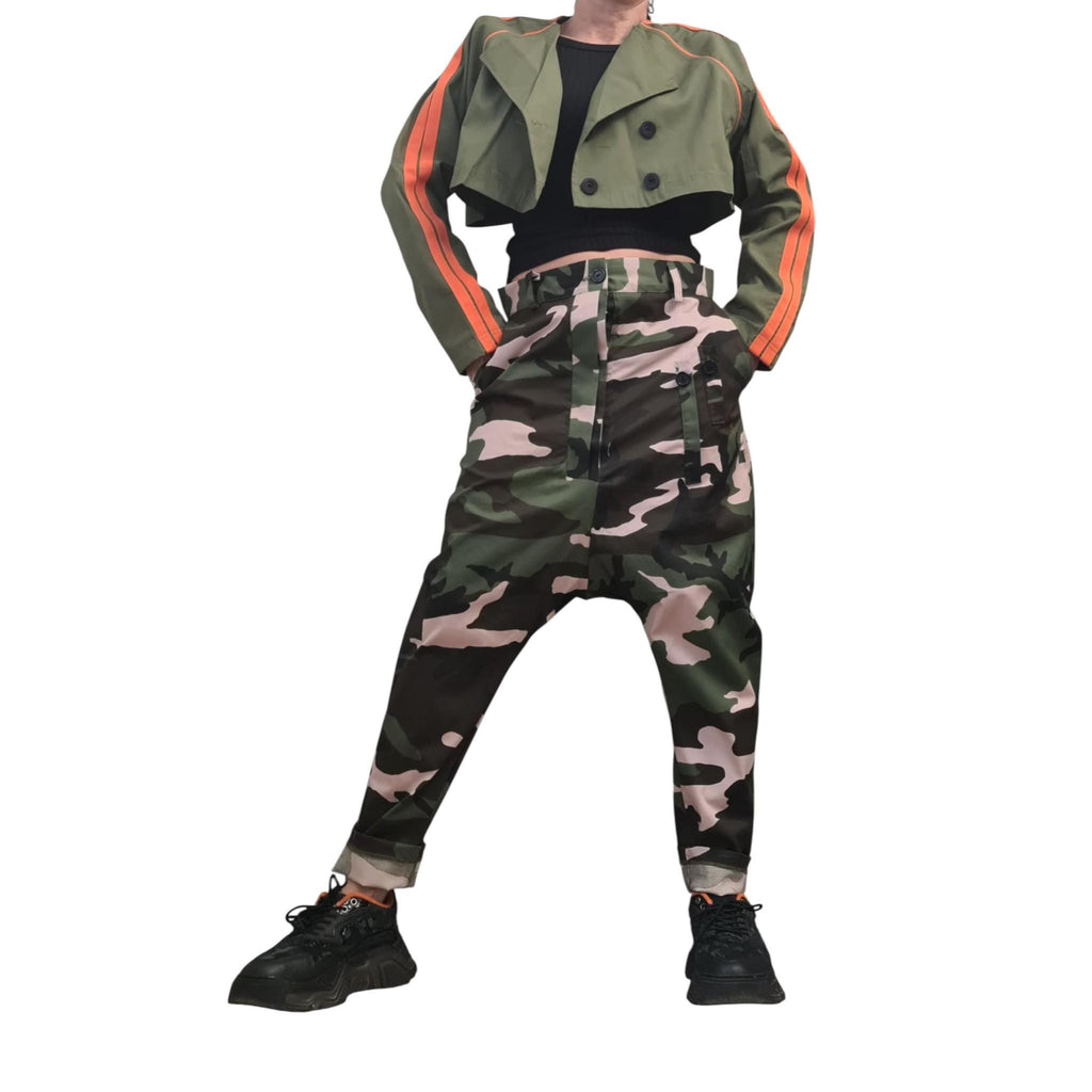 Military Green Hooded Two-Piece Set, Belted Maxi Vest and Cropped Jacket, Orange Stripes