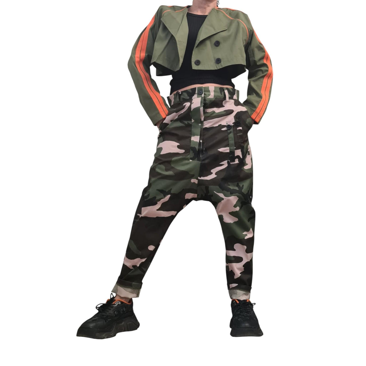 Military Green Hooded Two-Piece Set, Belted Maxi Vest and Cropped Jacket, Orange Stripes