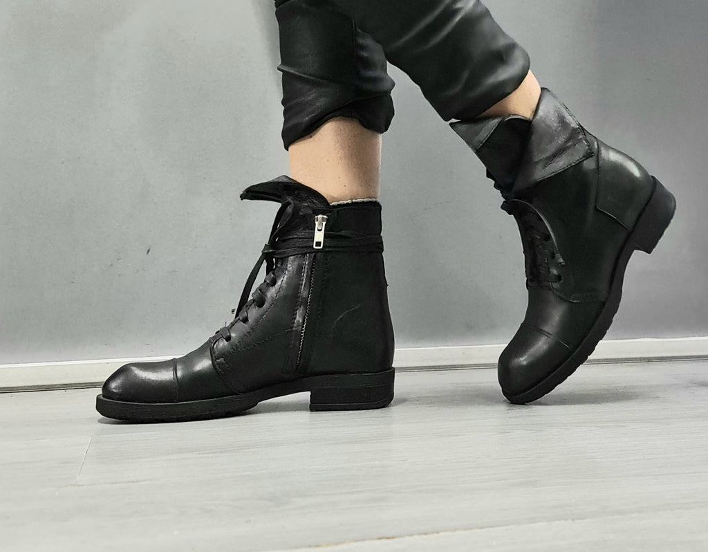 Black Asymmetric Leather Boots, Gothic Steampunk Ankle Shoes, Handmade Footwear
