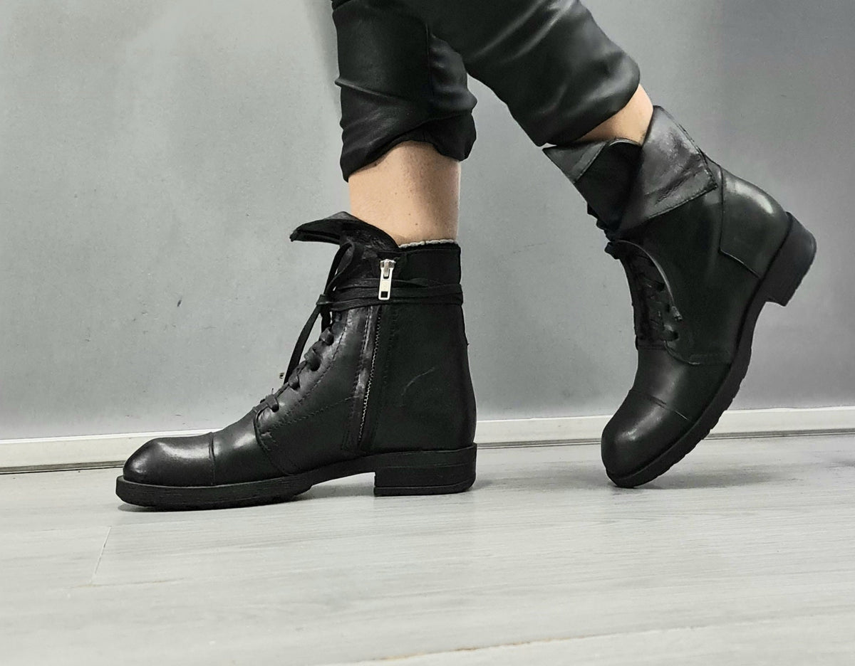 Black Asymmetric Leather Boots, Gothic Steampunk Ankle Shoes, Handmade Footwear