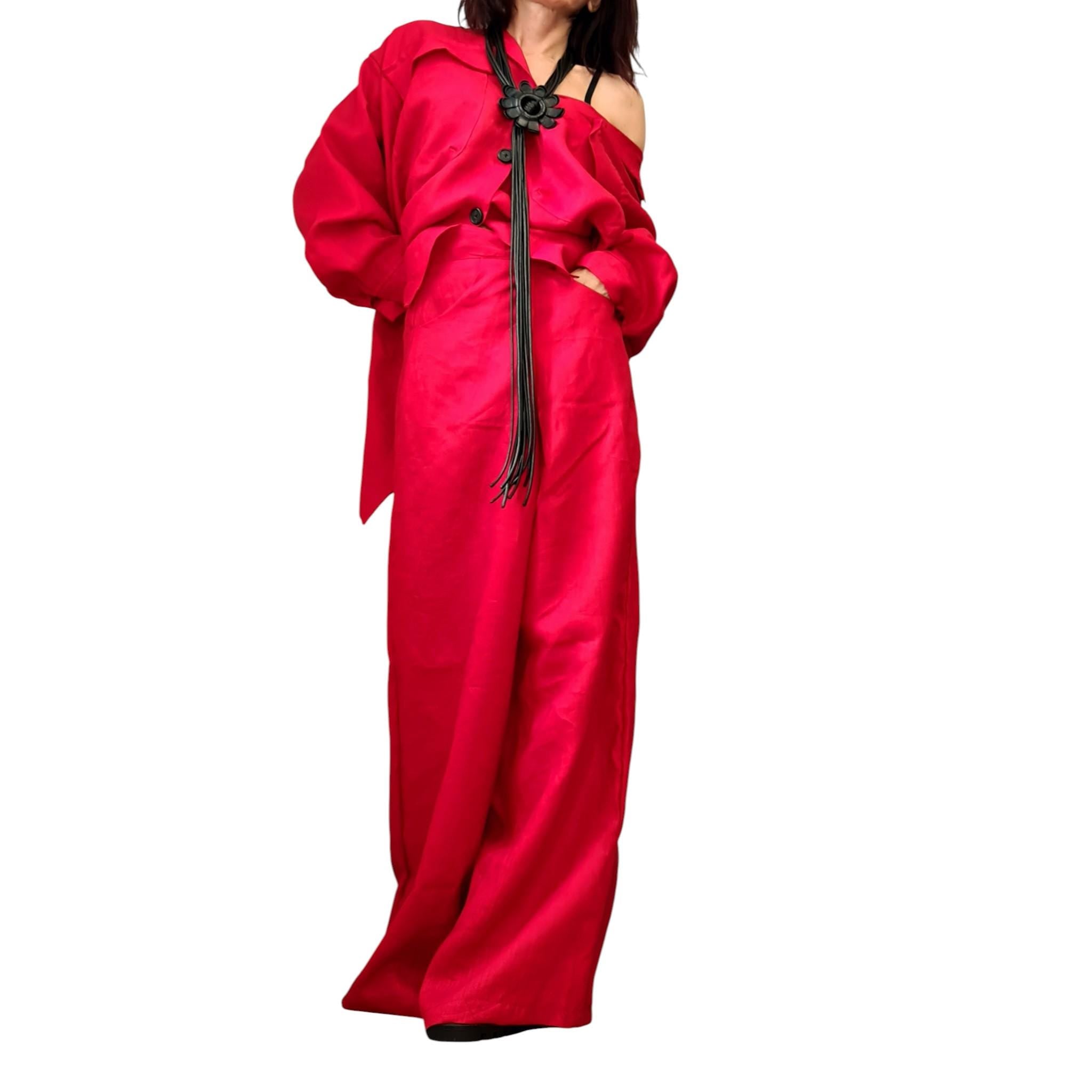 Denim Linen Two Piece Set for Women, Open Back Shirt, Wide Leg Harem Pants Outfit