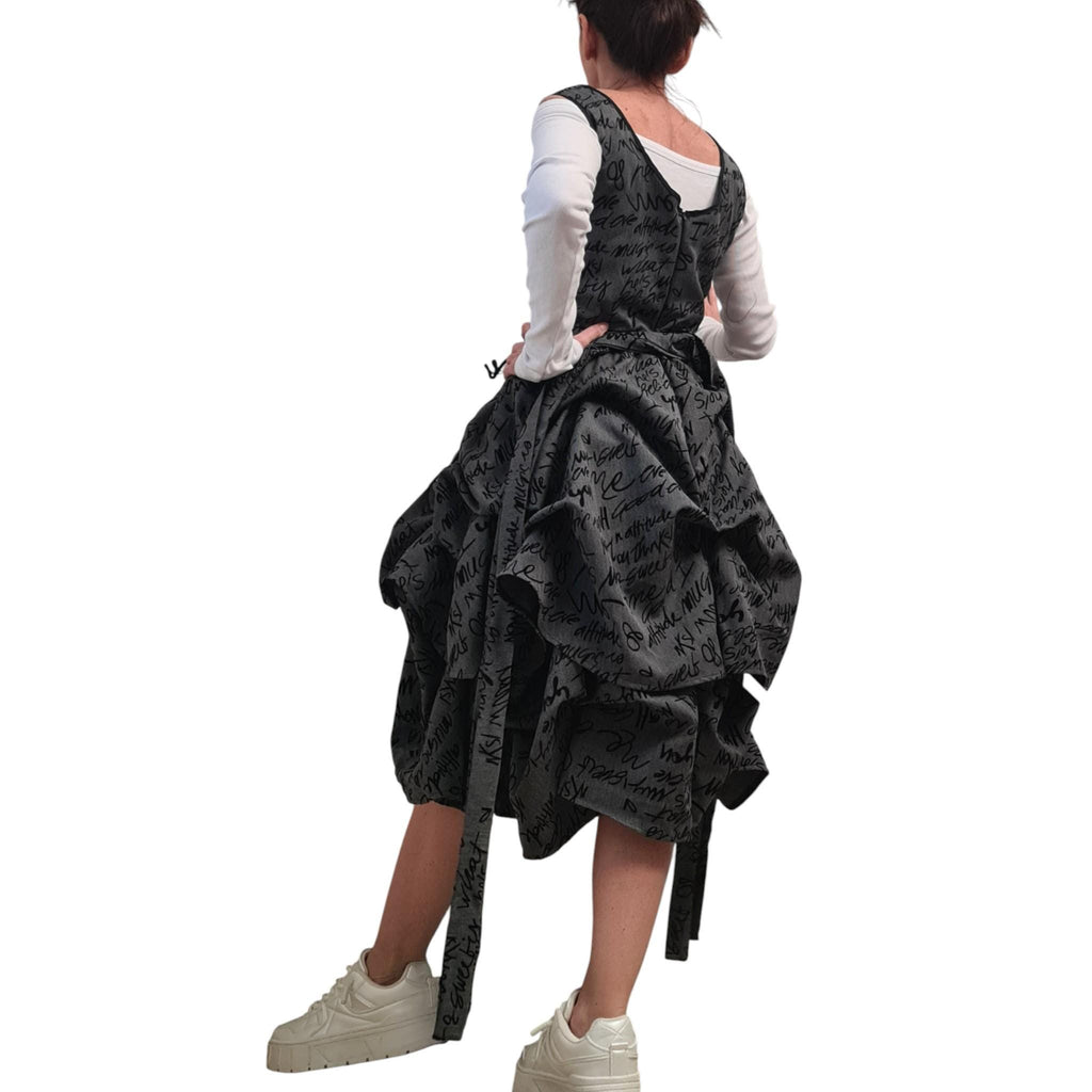 Avant Garde Grey Dress for Women Sleeveless Balloon Silhouette Text Print Belted Knee Length