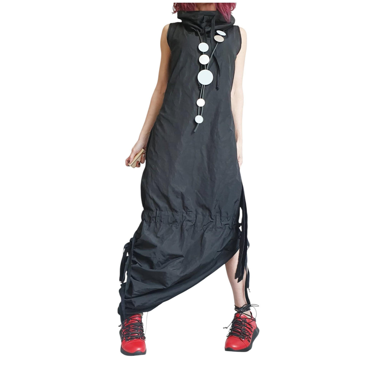 Black Asymmetric Taffeta Maxi Dress, Open Back, Gothic Fit