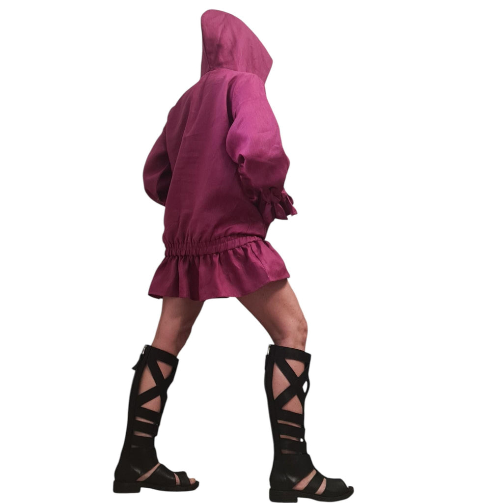 Linen Hooded Dress, Boho Summer Sundress Magenta, Midi Dress with Pockets, V-neck