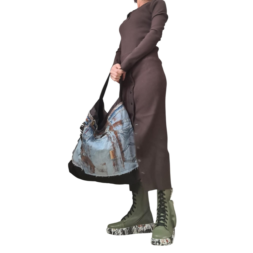 Avant Garde Large Denim Bag, Asymmetrical Patchwork Tote, Handmade Painted Shoulder Bag Women