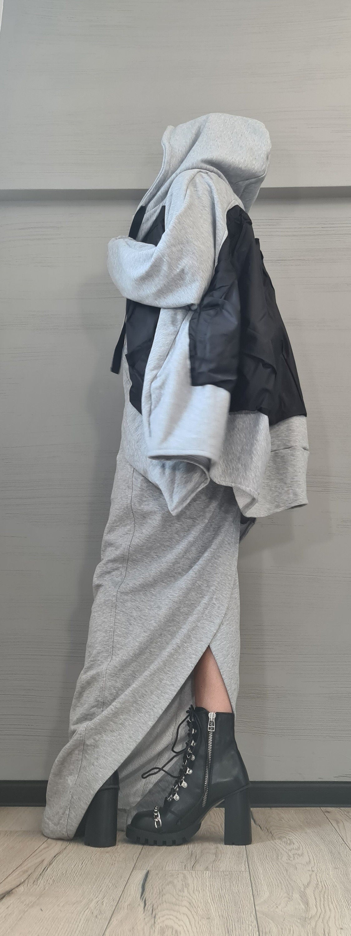 Grey Cotton Maxi Pencil Skirt, Oversized Hooded Sweater, Co-Ord Set