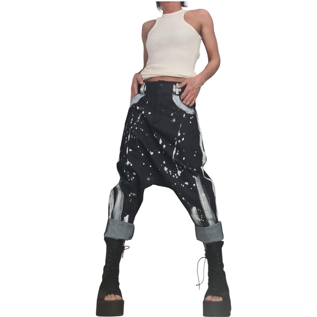 Painted Denim Harem Pants, Boho Baggy Unisex Jeans