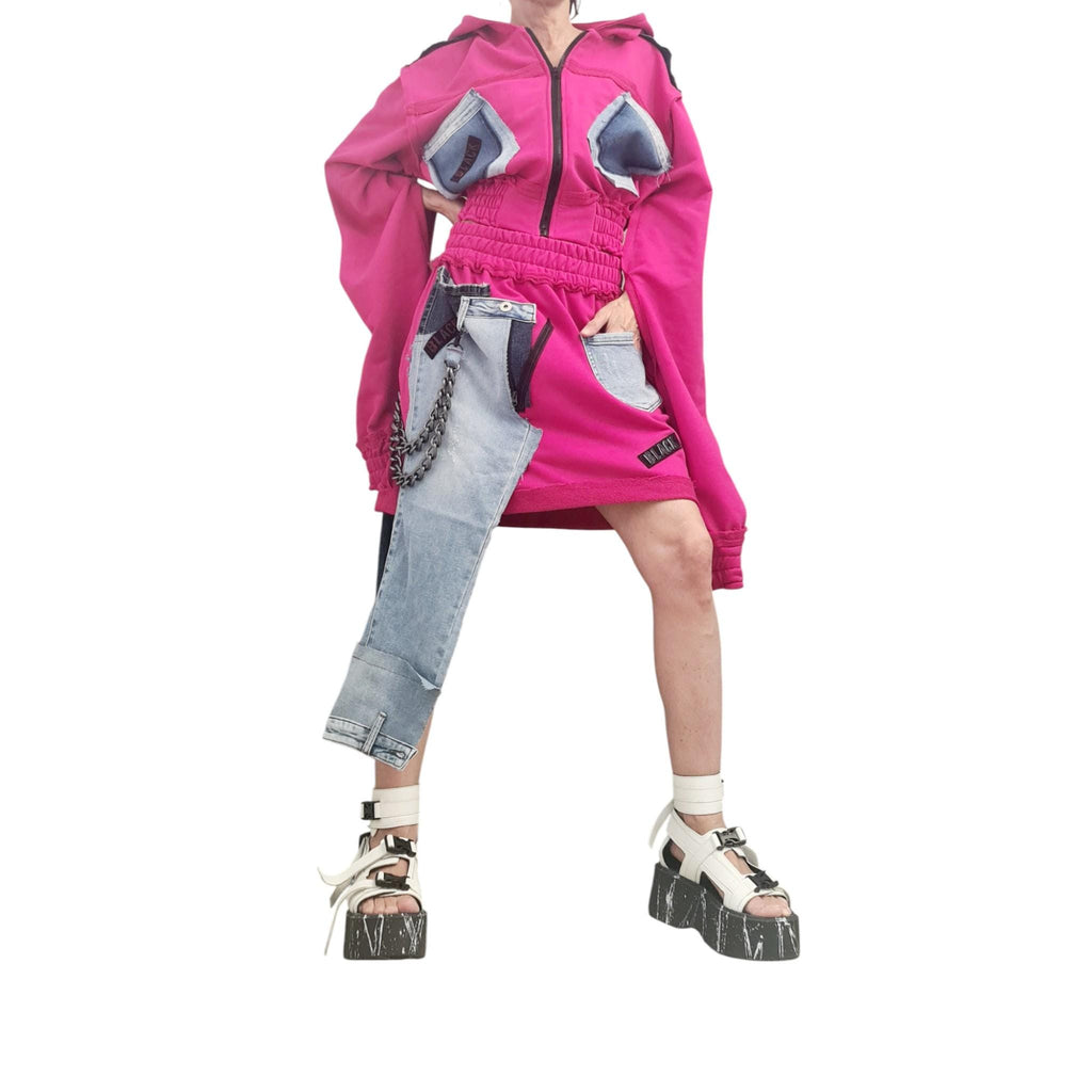 Handmade Fuchsia Cotton Denim Skirt Set, Asymmetrical Hooded Sweatshirt, Midi Skirt