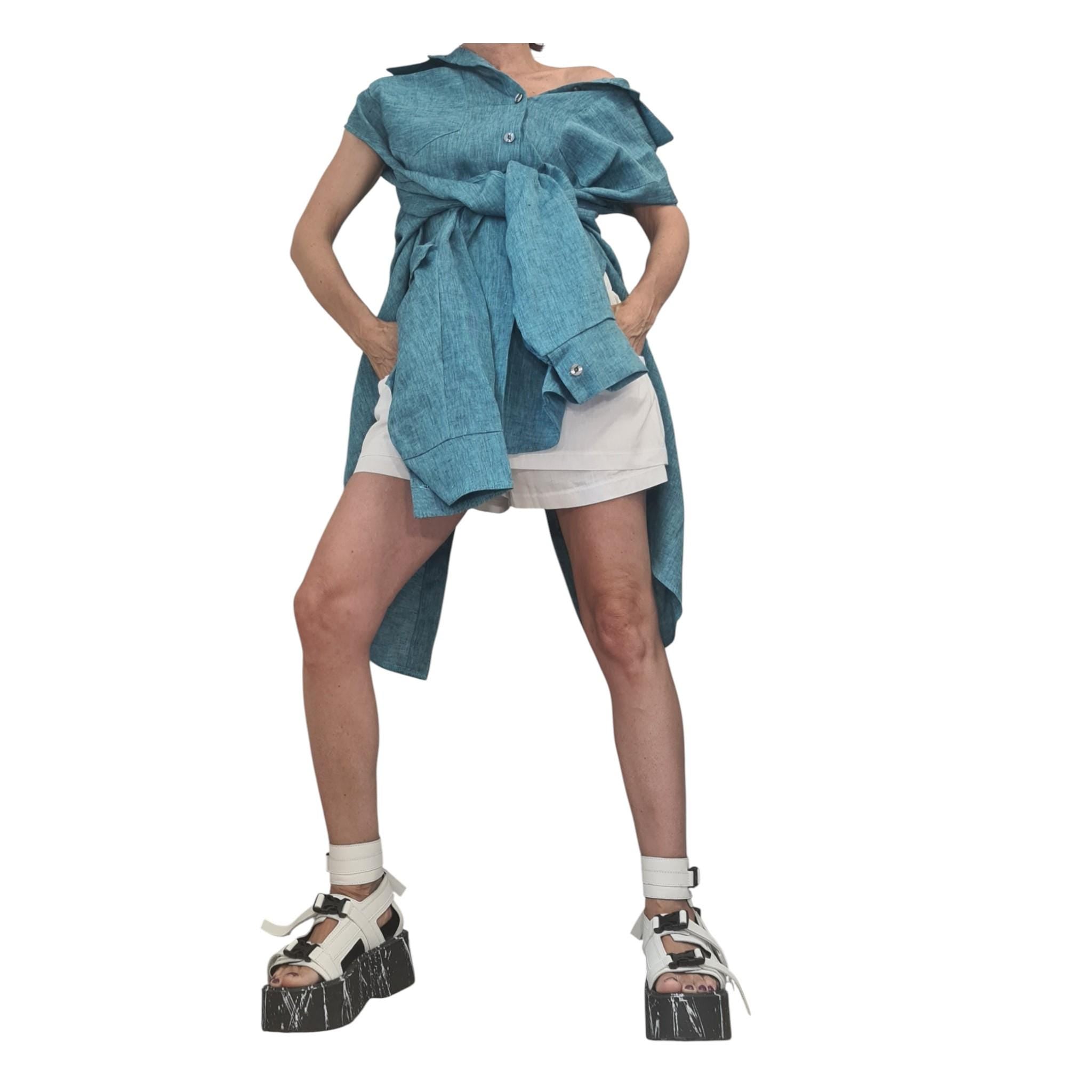 Turquoise Linen Shirt, Avant Garde Top, Asymmetric Oversize Tunic, Open Back Design, Handmade Womenswear