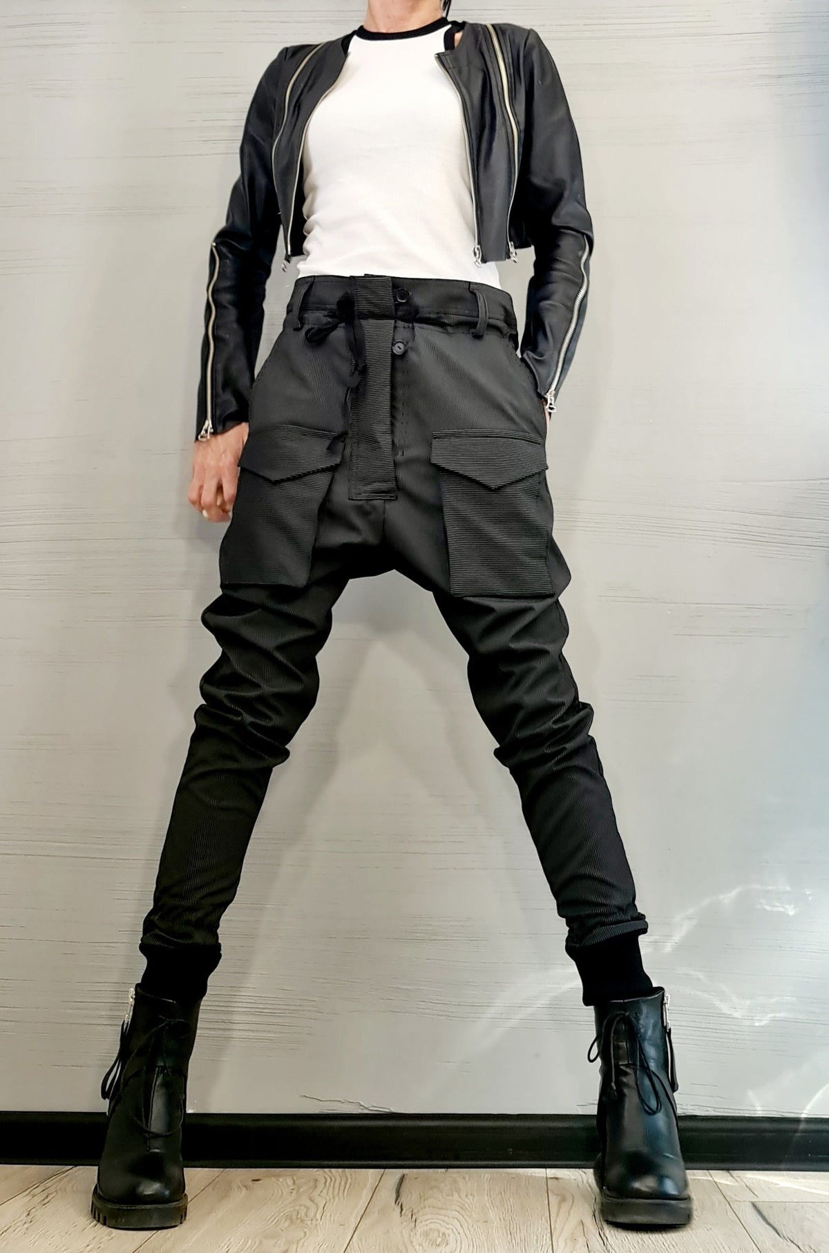 Black Pinstripe Cargo Pants, Drop Crotch Trousers, Slim Leg, Plus Size