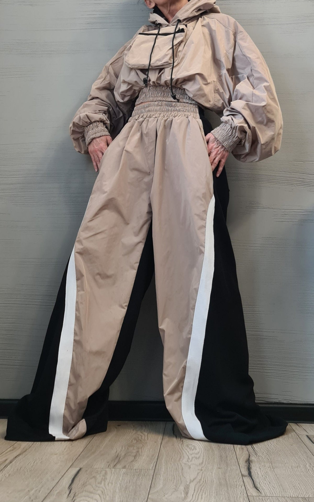 Asymmetrical Women's Set, Wide Leg Cotton Pants with Windproof Fabric Details, Windproof Hoodie