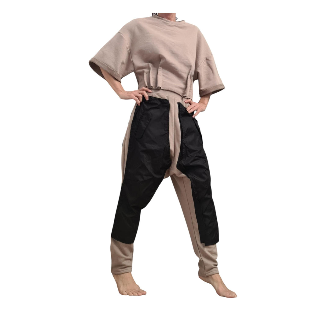 Extravagant Harem Pants, Cargo Trousers, Beige Black, Outer Pockets