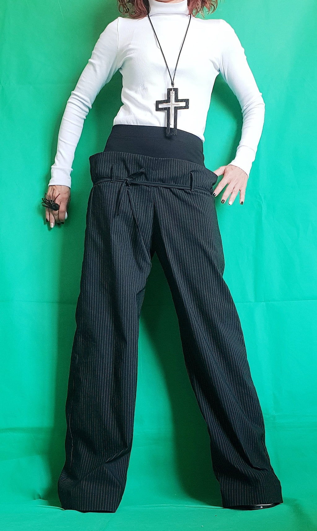 Black Pinstripe Baggy Pants, Double Waistband, Wide Leg Cotton Trousers, Drop Crotch