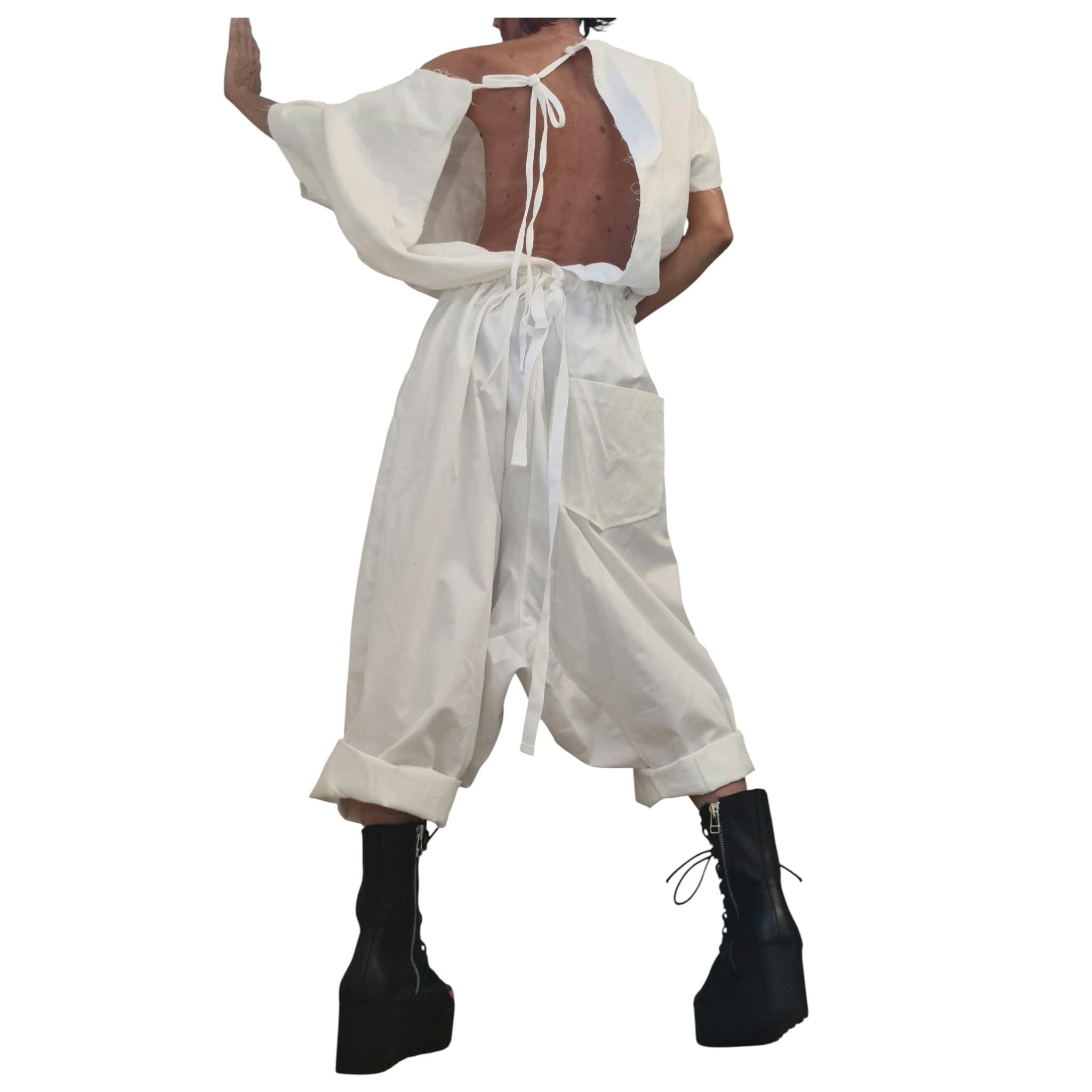 White Linen Harem Jumpsuit, Open Back Drop Crotch Overall, Sleeveless Loose Summer Romper