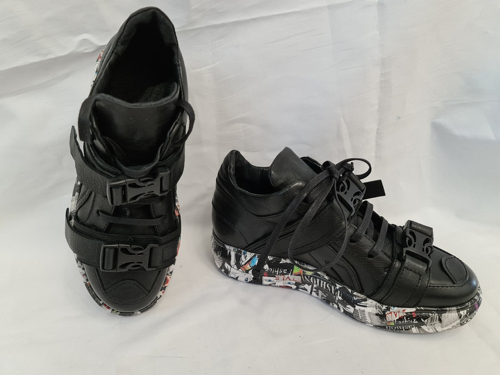 Black Leather Sneakers, Gothic Grunge Trainers, Colored Sole Women Footwear