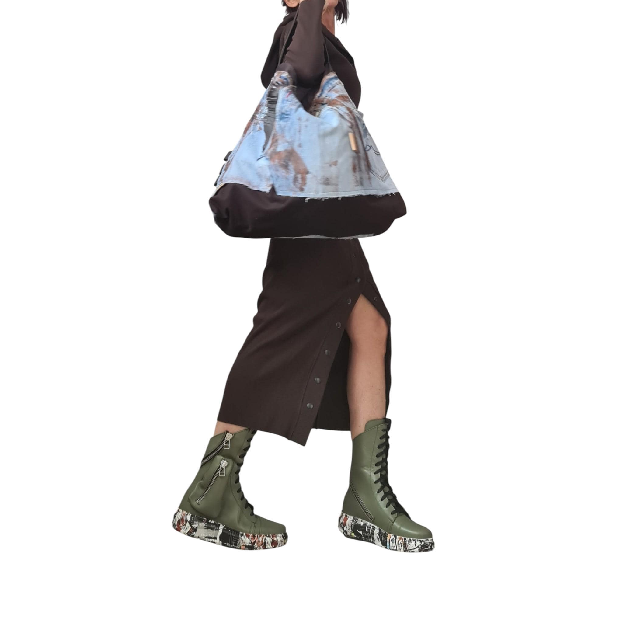 Avant Garde Large Denim Bag, Asymmetrical Patchwork Tote, Handmade Painted Shoulder Bag Women