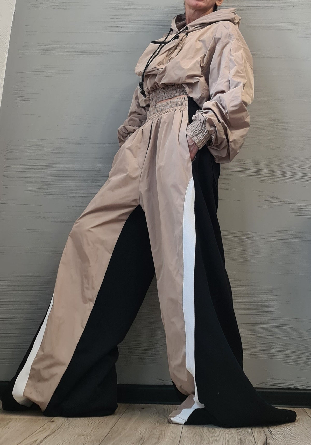 Asymmetrical Women's Set, Wide Leg Cotton Pants with Windproof Fabric Details, Windproof Hoodie