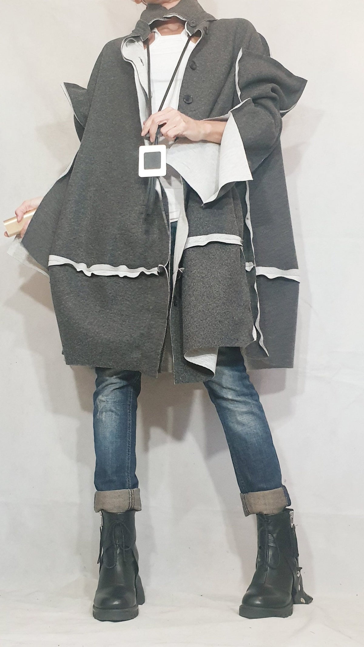 Grey Oversized Cape Coat, Asymmetric Hem, Wide Sleeves, Button Front, Contrast Trim, Plus Size