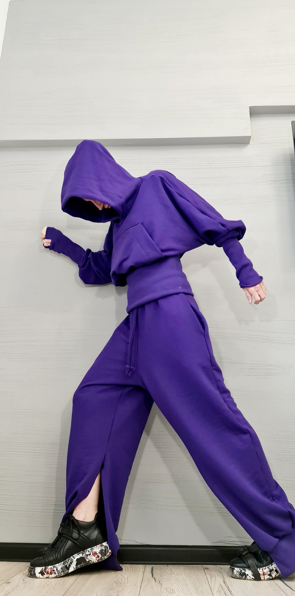 Purple Cotton Drop Crotch Harem Pants, Oversized Hooded Sweatshirt, Split Legs, Two-Piece Co-Ord Set
