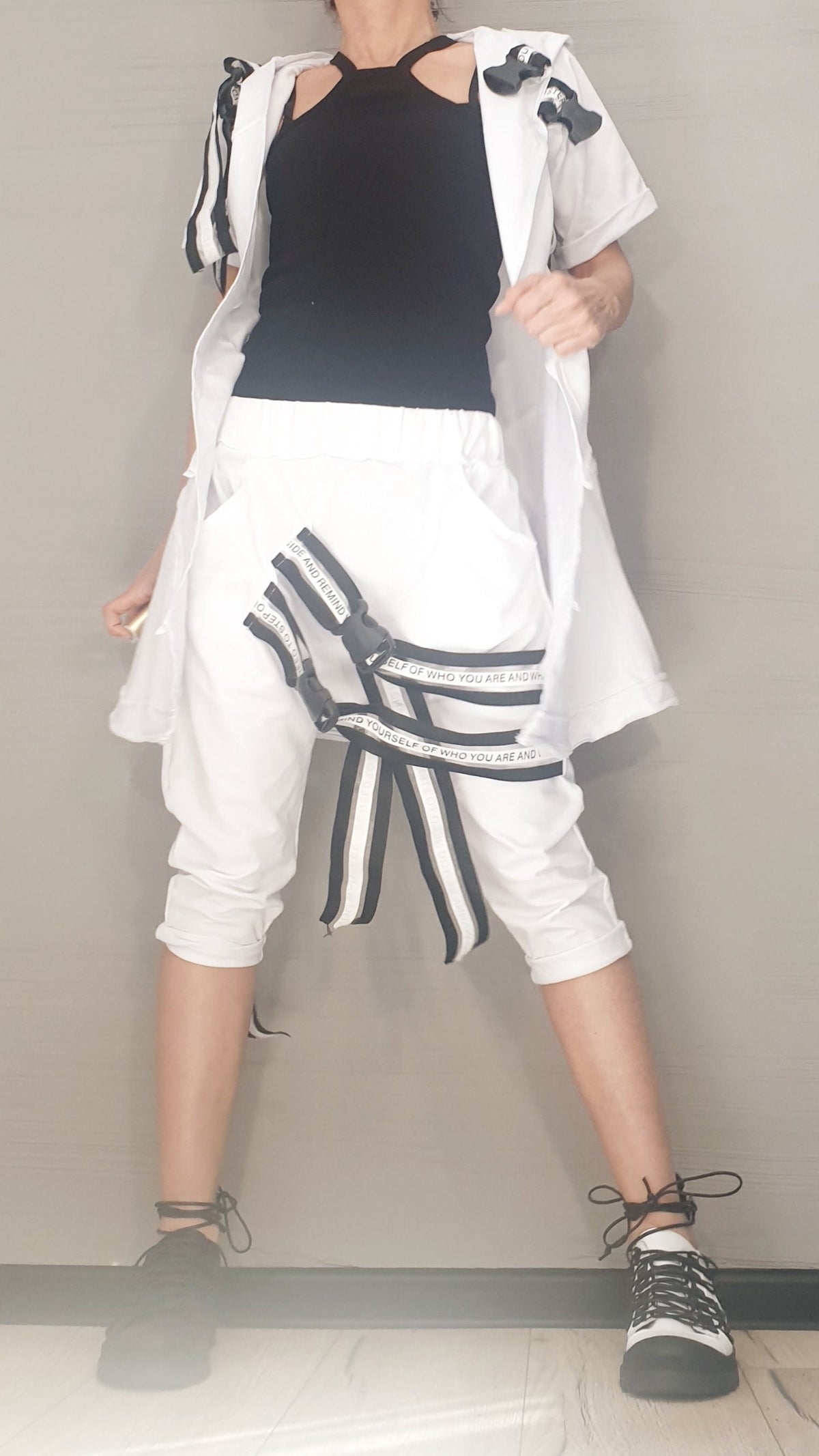 White Cotton Cropped Harem Pants, Asymmetrical Hooded Long Vest, Contrast Straps, Two-Piece Co-Ord Set