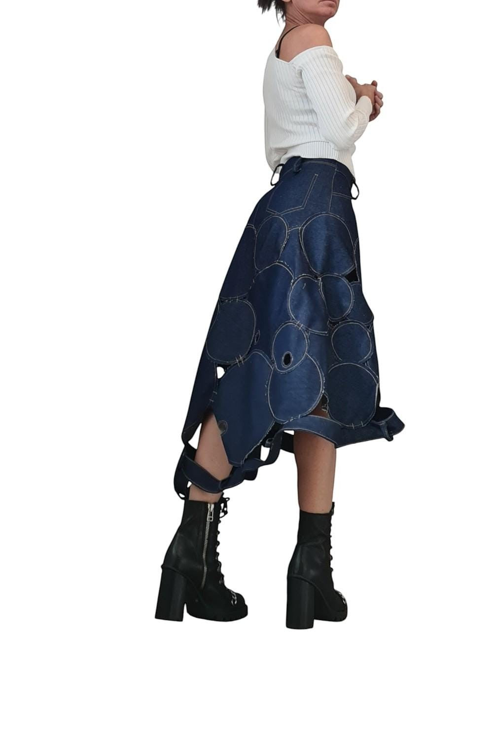 Avant garde denim maxi skirt with circle patchwork and asymmetrical hem