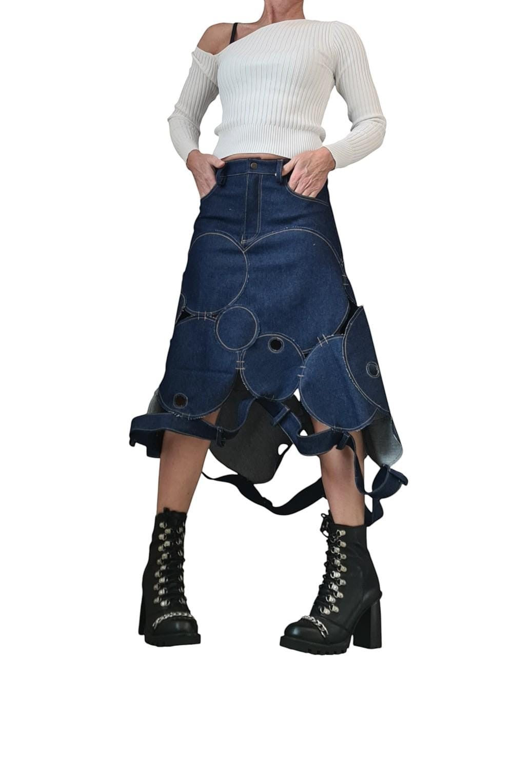 Avant garde denim maxi skirt with circle patchwork and asymmetrical hem