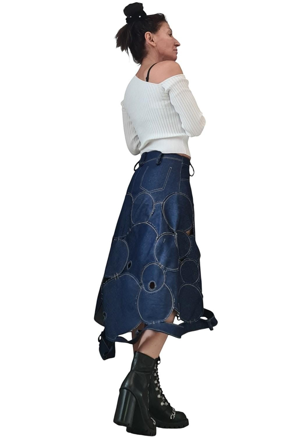 Avant garde denim maxi skirt with circle patchwork and asymmetrical hem