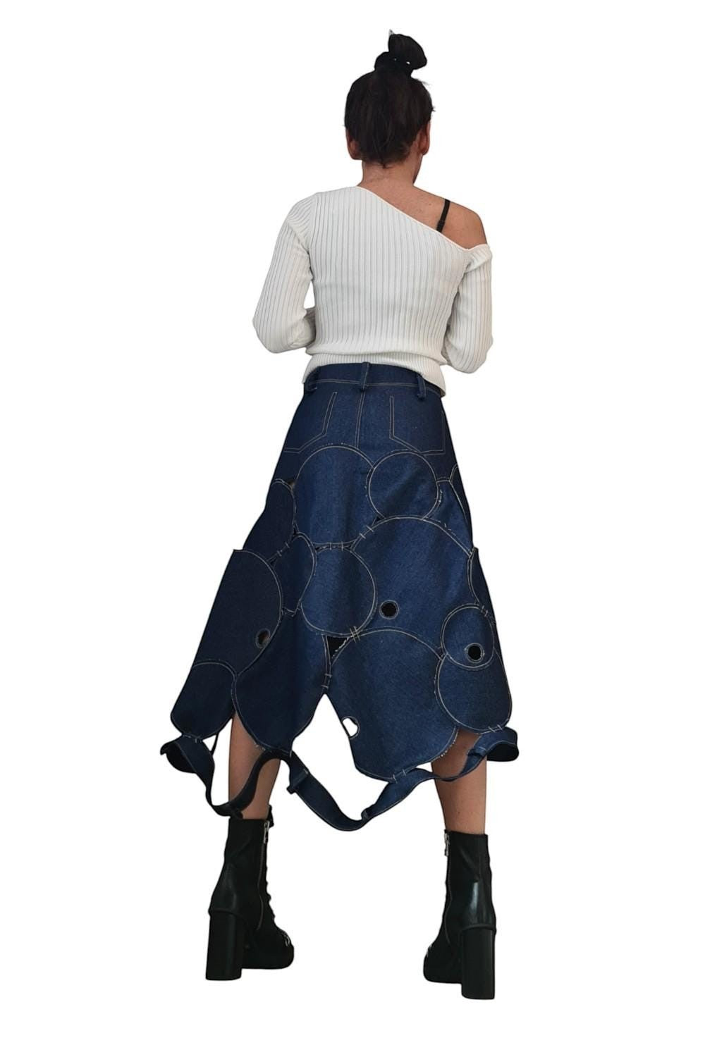 Avant garde denim maxi skirt with circle patchwork and asymmetrical hem