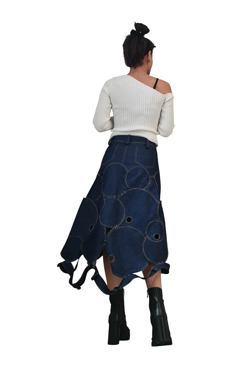 Avant garde denim maxi skirt with circle patchwork and asymmetrical hem