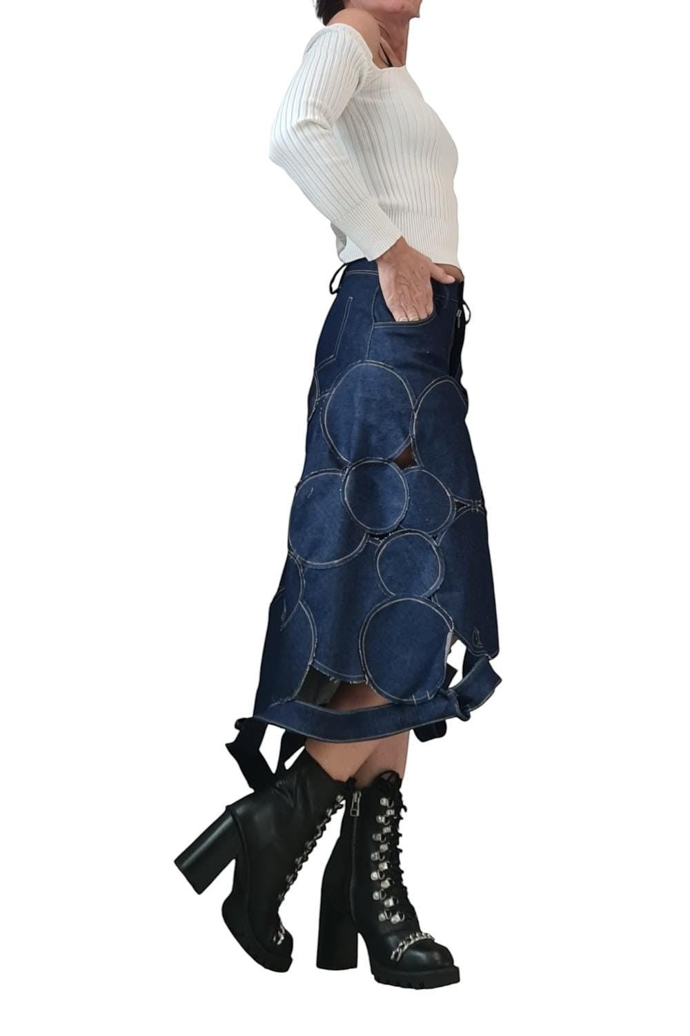 Avant garde denim maxi skirt with circle patchwork and asymmetrical hem