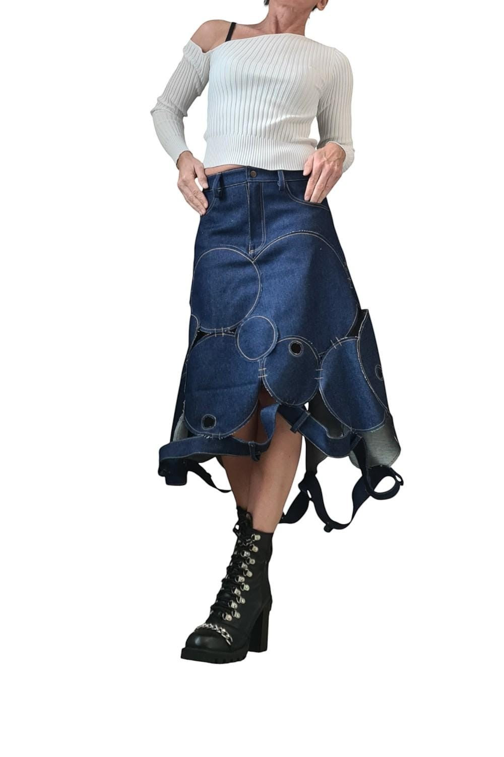 Avant garde denim maxi skirt with circle patchwork and asymmetrical hem