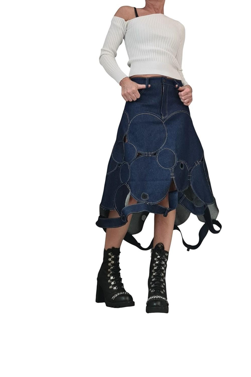 Avant garde denim maxi skirt with circle patchwork and asymmetrical hem