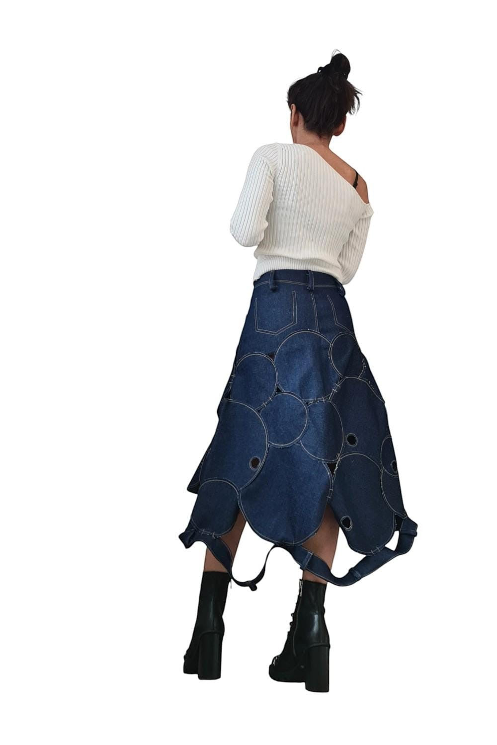 Avant garde denim maxi skirt with circle patchwork and asymmetrical hem