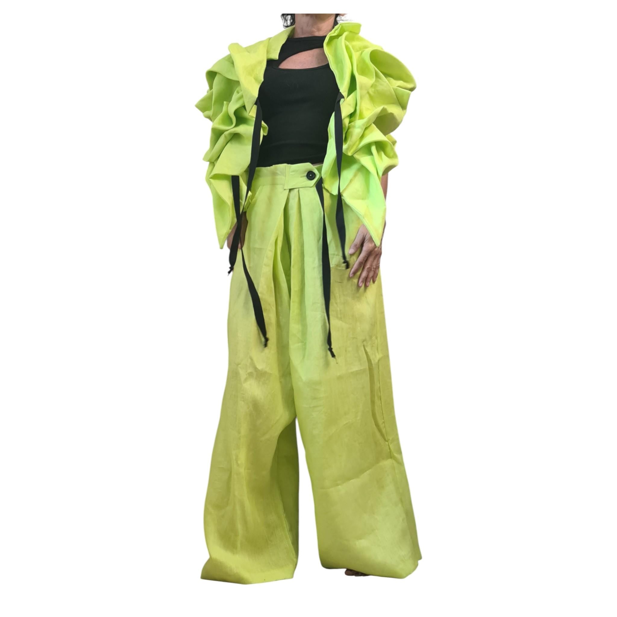 Lime Green Linen Short Jacket, Asymmetric Sleeveless Jacket