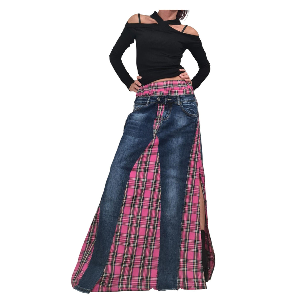 Deconstructed Denim Pink Plaid Maxi Skirt, Avant Garde Cotton Skirt