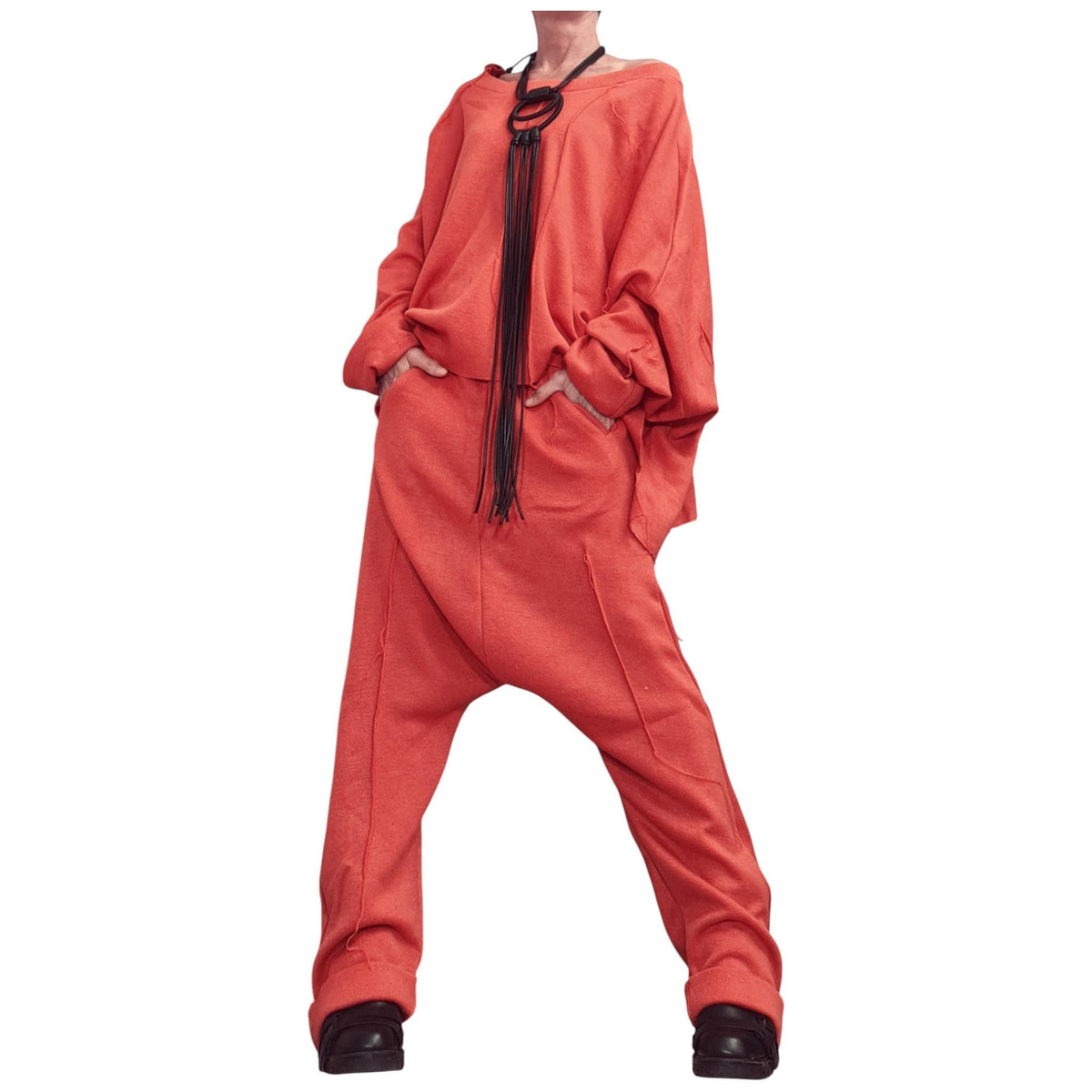 Orange Knit Deep Drop Crotch Harem Pants, Oversized Asymmetrical Blouse, Raw Edges, Co-Ord Set