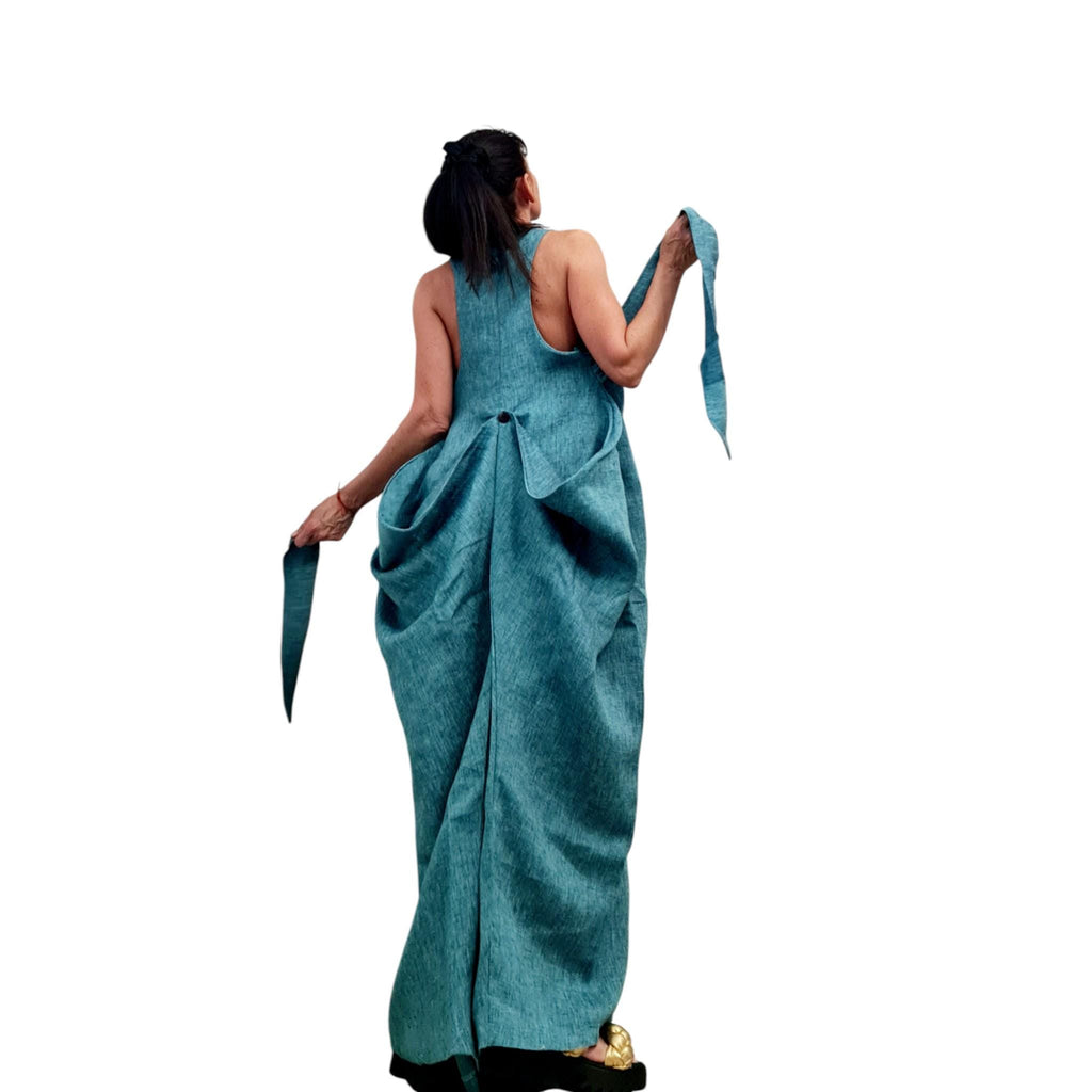 Turquoise Linen Maxi Dress for Women, Long Asymmetric Summer Dress, Convertible Loose Fit Clothing