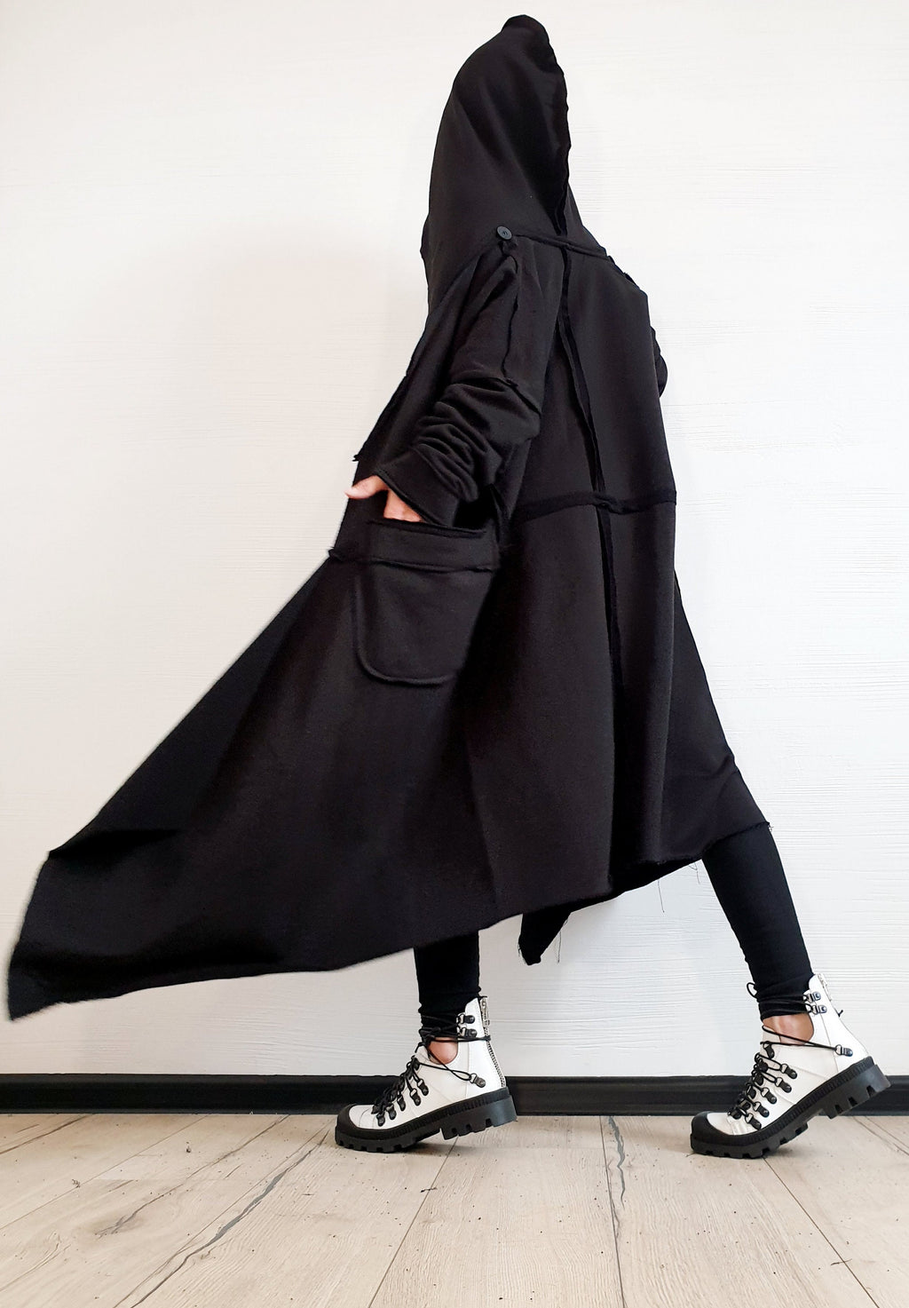 Black Asymmetric Cotton Sweatshirt, Long Hooded Oversized Jacket, Plus Size Coat, Exposed Seams