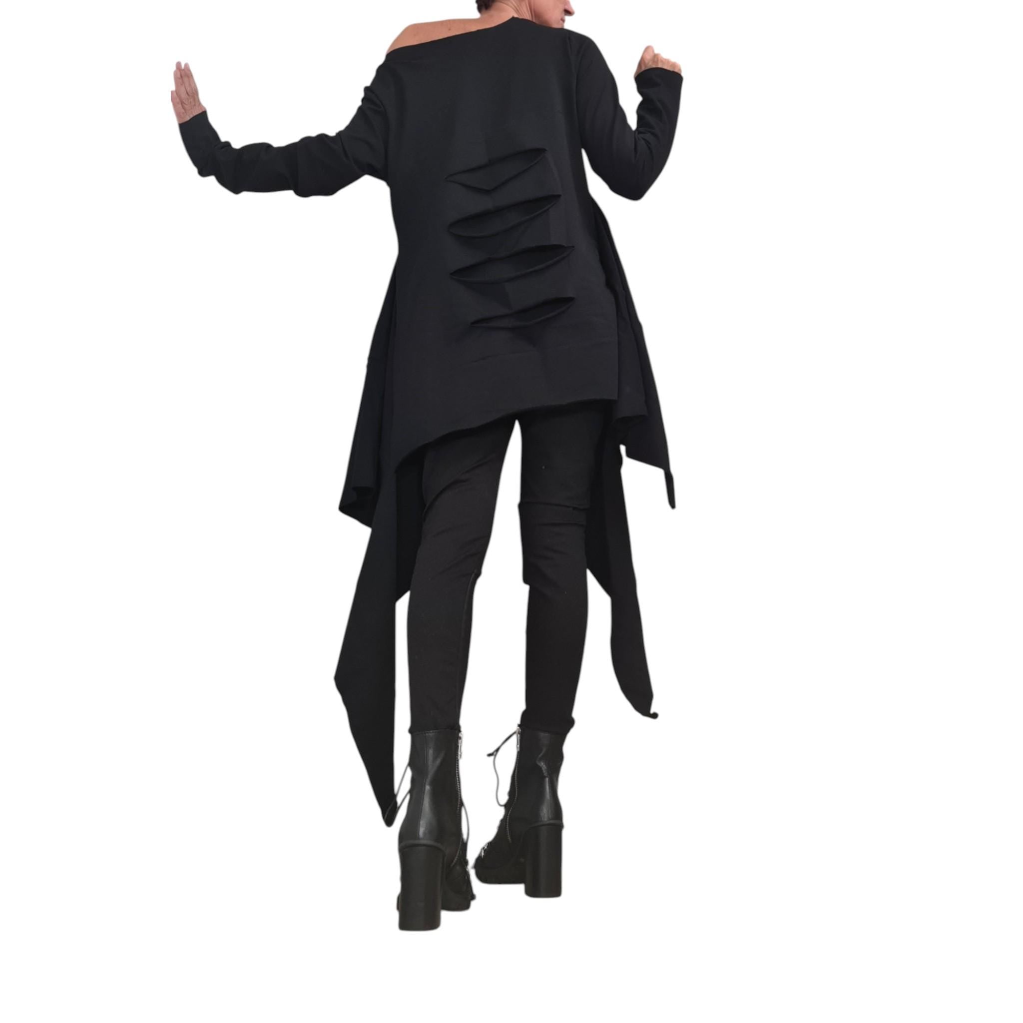 Black Asymmetrical Cotton Tunic, Handmade Long Sleeve Tunic Top, Artistic Avant-Garde Women's Fashion, Unique Modern Design