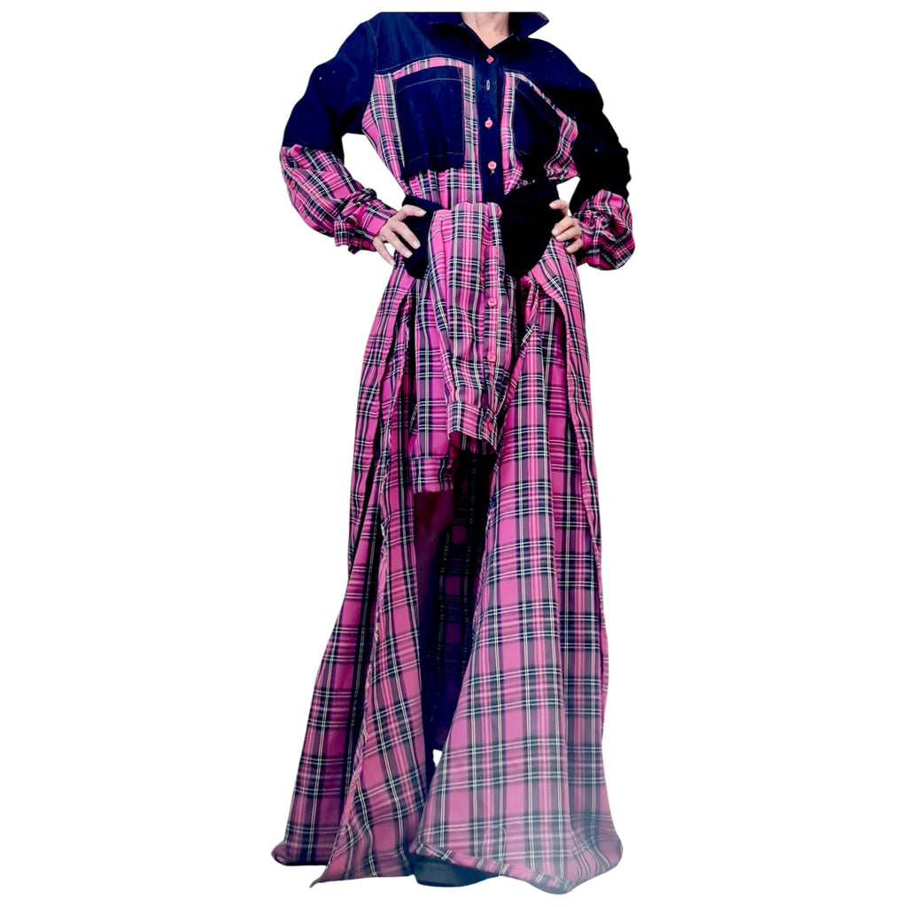 Pink Plaid Deconstructed Shirt Dress for Women, Asymmetric Layered Tunic, Avant Garde Oversize Shirt